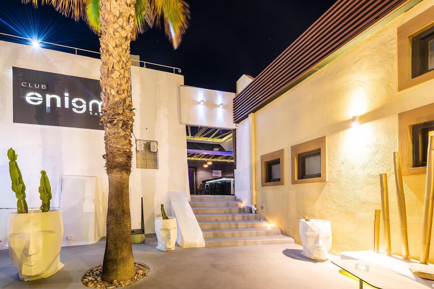 Entrance to Enigma Club in Fira, Santorini at night